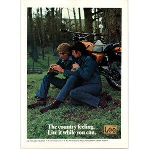 1973 Lee Denim Jeans Vintage Print Ad 70s Fashion Suzuki Motorcycle Wall Art